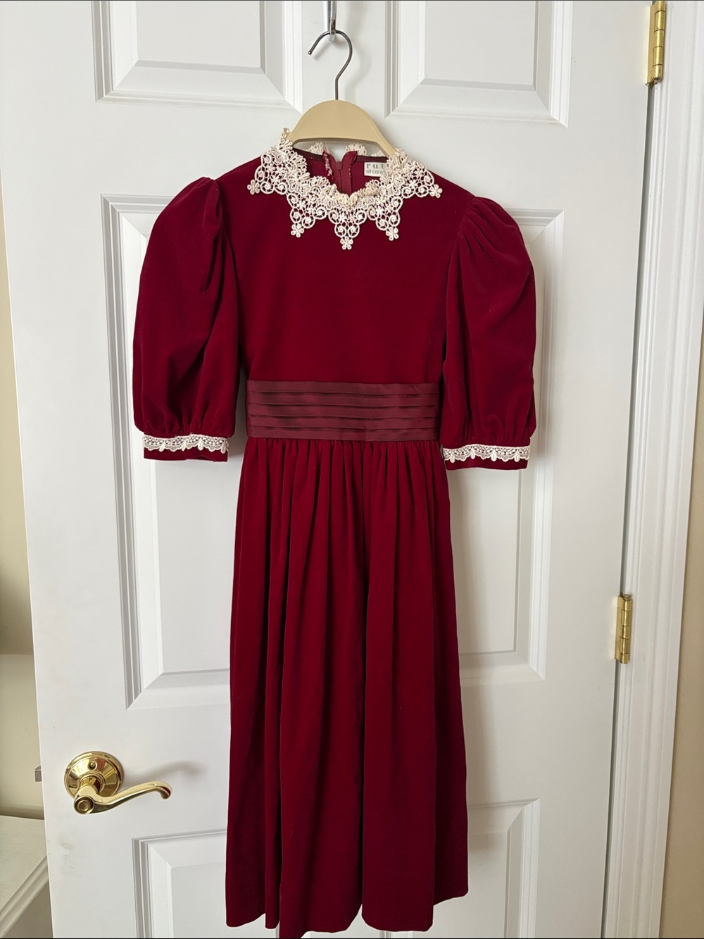 Girls Burgundy Velvet Dress with Cream Lace Collar